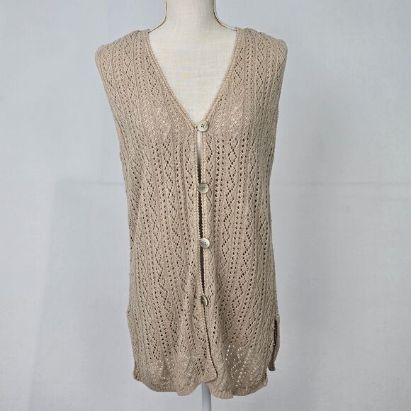 Valerie Stevens Women’s M Beige Linen Cotton Sleeveless Longline Cardigan Vest - Picture 1 of 14